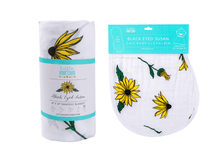Load image into Gallery viewer, Gift Set: Black Eyed Susan Muslin Swaddle Baby Blanket and Burp Cloth/Bib Combo - Little Hometown
