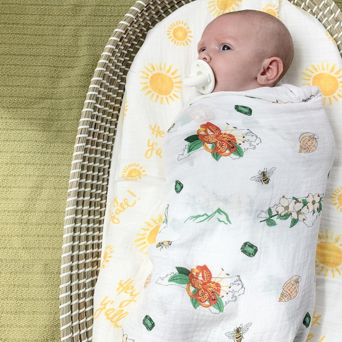 Gift Set North Carolina Baby Muslin Swaddle Blanket and Burp Cloth Bib Combo Floral