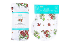 Load image into Gallery viewer, Gift Set: Ohio Baby Muslin Swaddle Receiving Blanket (Floral) and Burp/Bib Combo - Little Hometown
