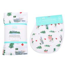 Load image into Gallery viewer, Gift Set: Washington (State) Baby Muslin Swaddle Blanket and Burp Cloth/Bib Combo - Little Hometown
