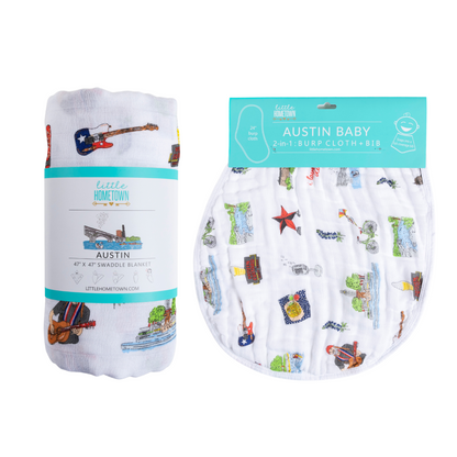 GiftSet: Austin Baby Muslin Swaddle Blanket and Burp Cloth/Bib Combo