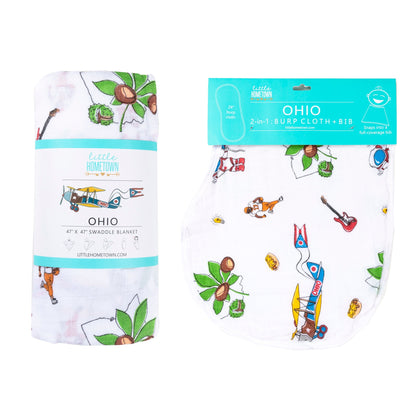 Gift Set: Ohio Baby Muslin Swaddle Receiving Blanket and Burp Cloth / Bib Combo