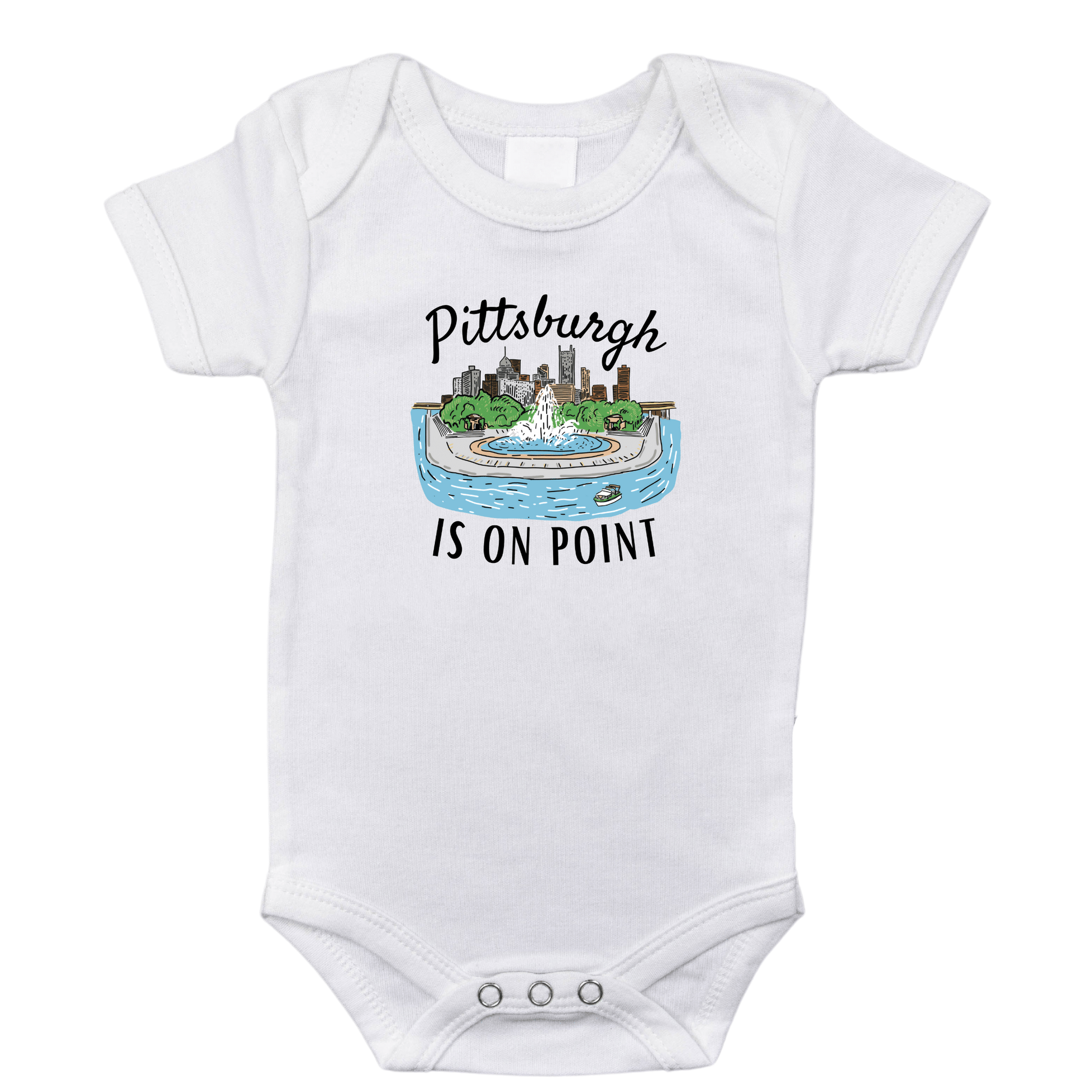 Pittsburgh Baby gift bundle with whimsical cityscape design.
