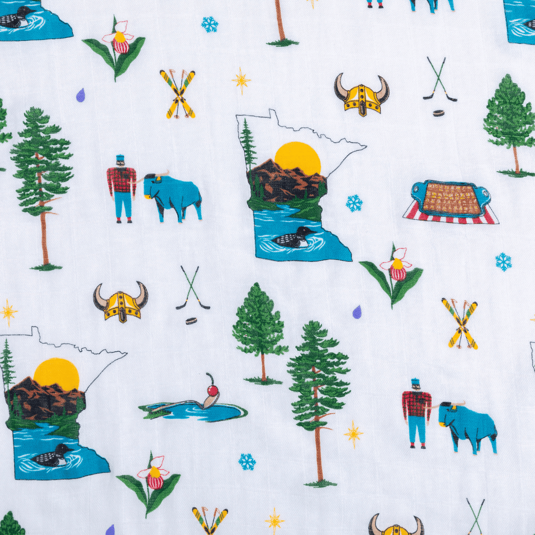 Wisconsin-themed baby gift set with a swaddle blanket and burp bib, featuring state icons and 