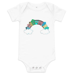 Baby onesie featuring Charleston's Rainbow Row, with colorful historic houses and palm trees on a white background.
