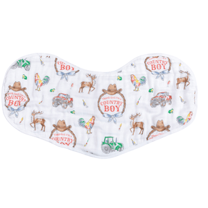 Country Boy 2-in-1 burp cloth and bib combo with blue plaid and tractor design, perfect for baby boys.