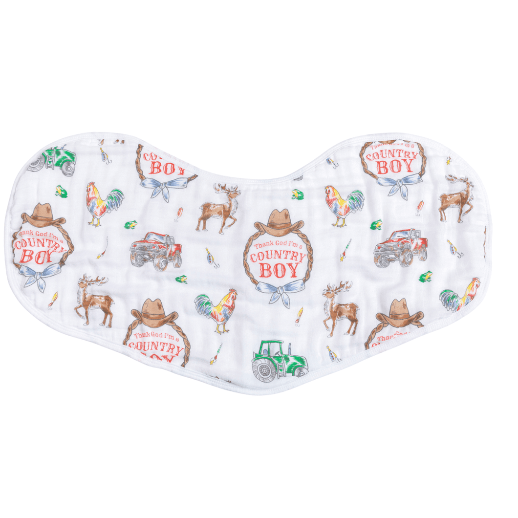 Country Boy 2-in-1 burp cloth and bib combo with blue plaid and tractor design, perfect for baby boys.