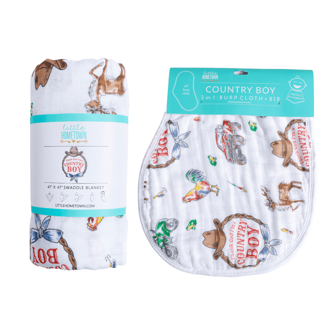 Country Boy Baby Giftset: Baby Swaddle Blanket and Burp/Bib Combo - Little Hometown