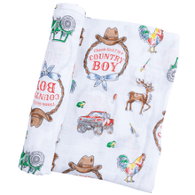 Load image into Gallery viewer, Country Boy Baby Giftset: Baby Swaddle Blanket and Burp/Bib Combo - Little Hometown
