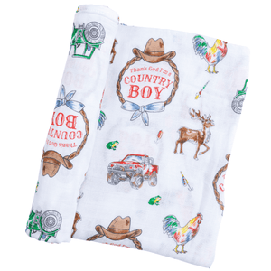 Country Boy Baby Giftset: Baby Swaddle Blanket and Burp/Bib Combo - Little Hometown