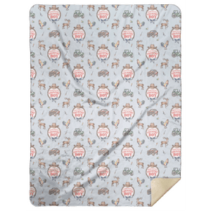 Cozy plush throw blanket with a country boy design, featuring a red barn and tractor on a green field.