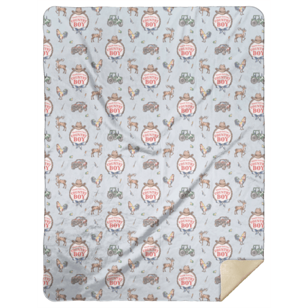 Cozy plush throw blanket with a country boy design, featuring a red barn and tractor on a green field.