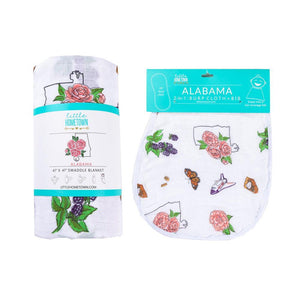 Gift Set: Alabama Floral Baby Muslin Swaddle Blanket and Burp Cloth/Bib Combo - Little Hometown