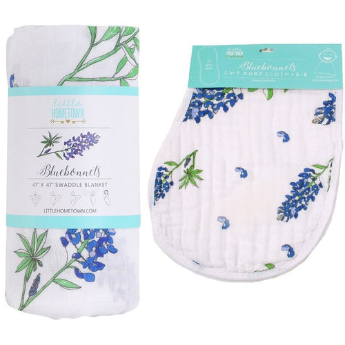 Gift Set: Bluebonnets Baby Muslin Swaddle Blanket and Burp Cloth/Bib Combo - Little Hometown