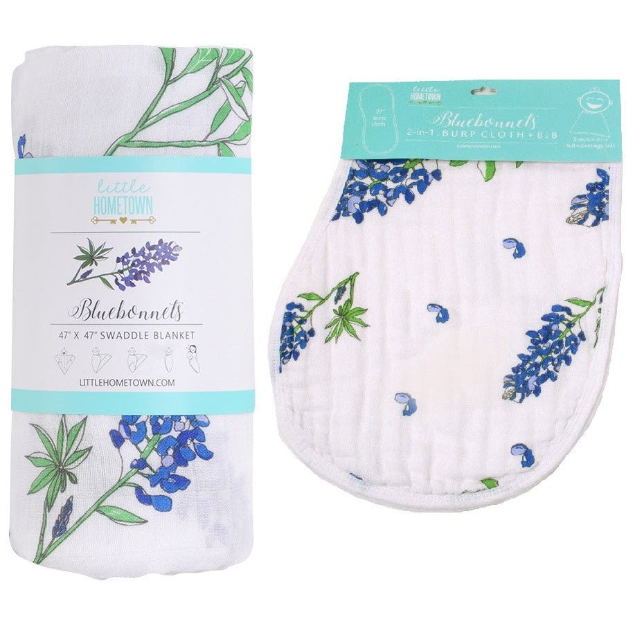 Gift Set: Bluebonnets Baby Muslin Swaddle Blanket and Burp Cloth/Bib Combo - Little Hometown