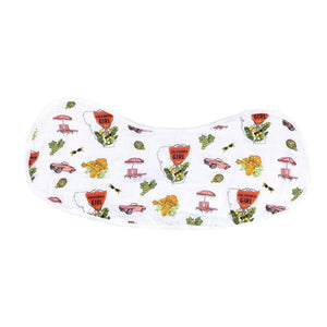 Gift set with "California Girl" muslin swaddle blanket and matching burp cloth, featuring floral designs.