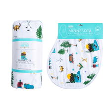 Load image into Gallery viewer, Gift Set: Minnesota Baby Muslin Swaddle Blanket and Burp Cloth/Bib Combo - Little Hometown
