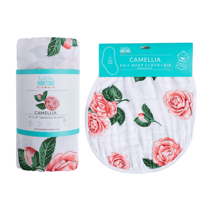 GiftSet: Camelia Baby Muslin Swaddle Blanket and Burp Cloth/Bib Combo - Little Hometown