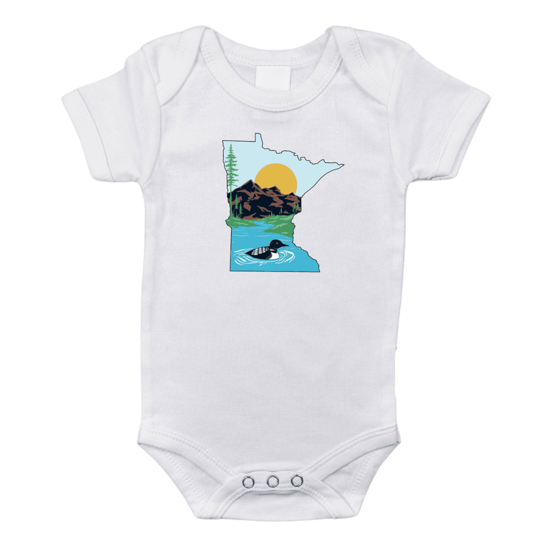 White baby onesie with a cute illustration of a loon and the text 