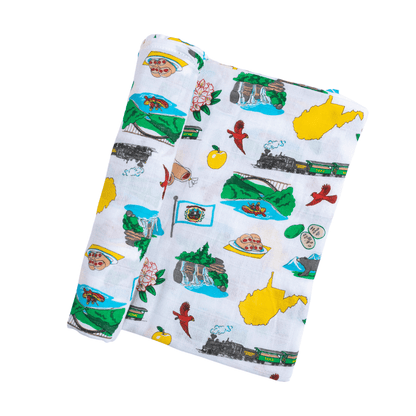 West Virginia-themed baby gift set with a swaddle blanket and burp bib, featuring state symbols and blue accents.