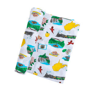 West Virginia-themed baby gift set with a swaddle blanket and burp bib, featuring state symbols and blue accents.