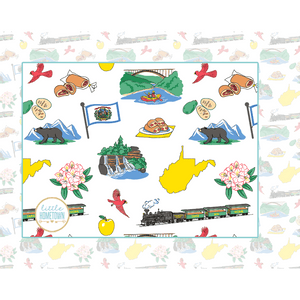 West Virginia-themed baby muslin swaddle blanket with state symbols, including a cardinal and rhododendron.