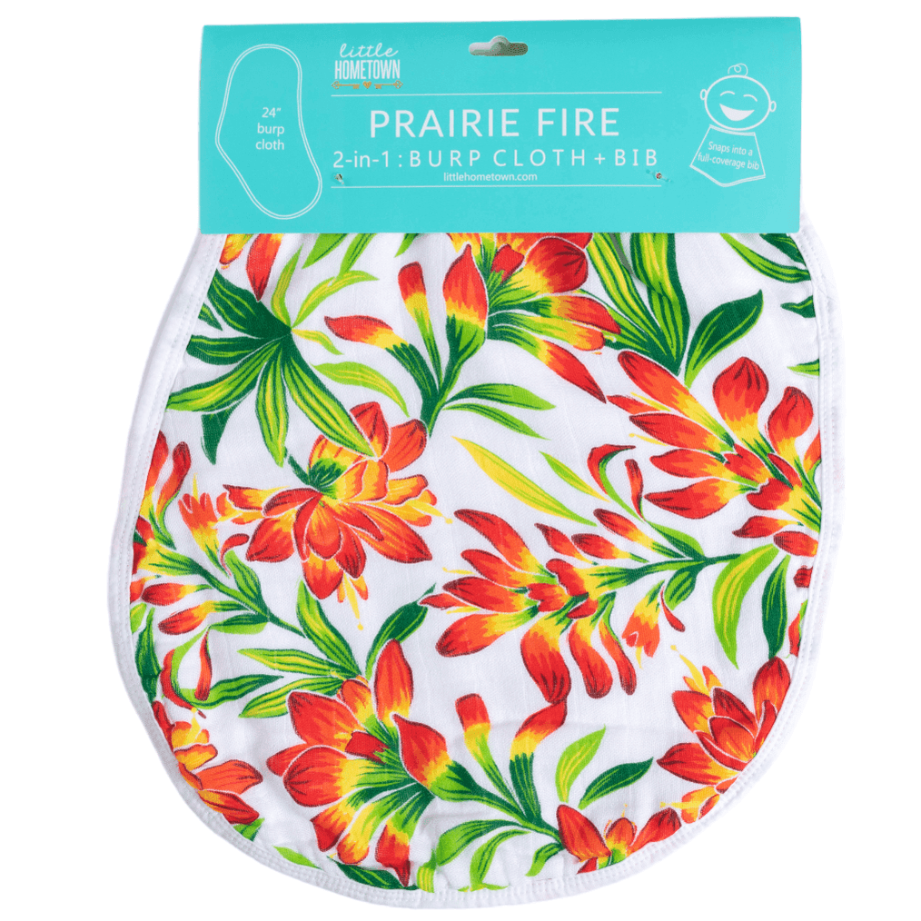 2-in-1 burp cloth and bib combo with a prairie fire design, featuring vibrant red and orange floral patterns.