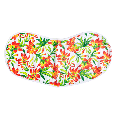 Colorful burp cloth and bib combo with prairie fire floral pattern, featuring vibrant red, yellow, and green hues.