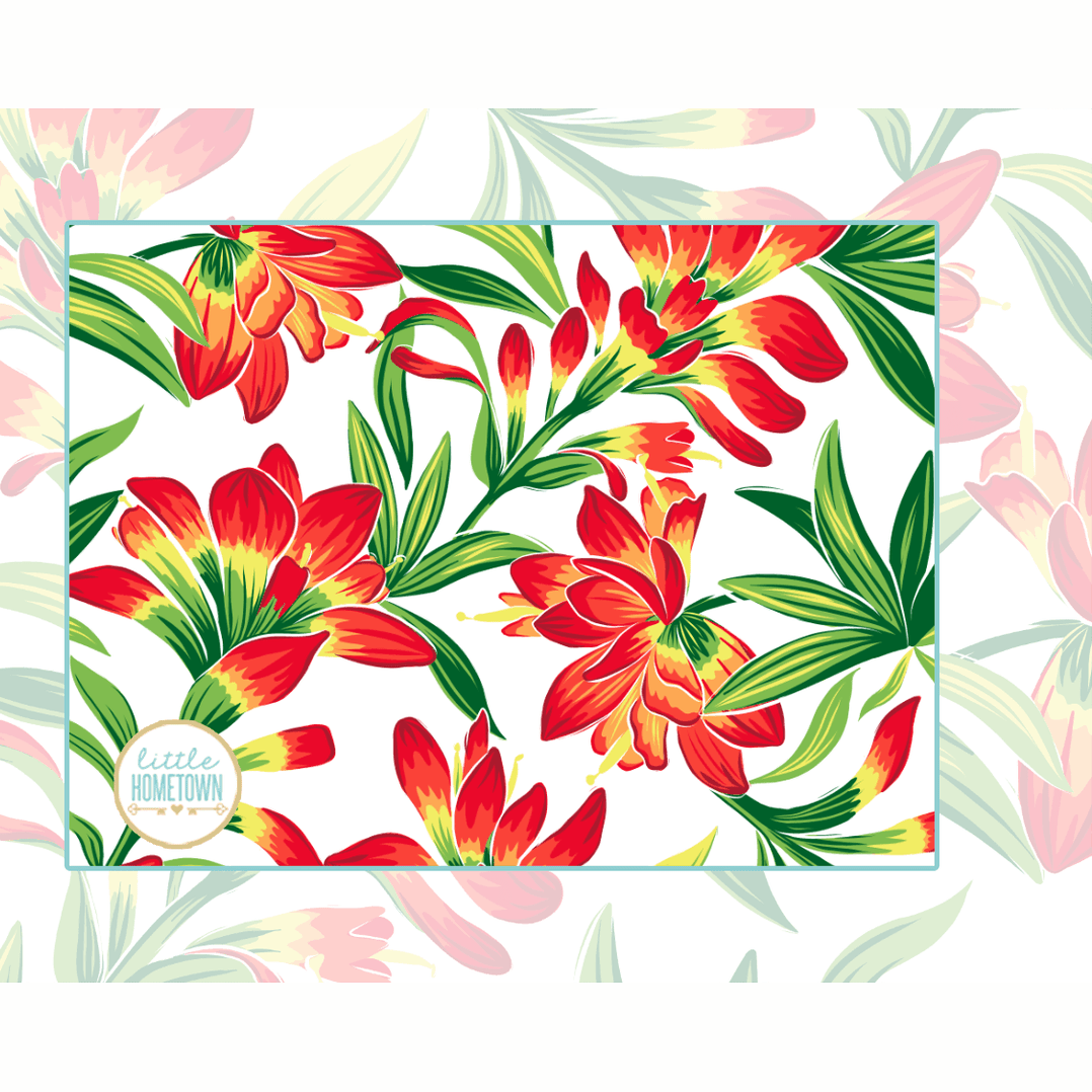 2-in-1 burp cloth and bib combo with prairie fire design, featuring vibrant red and yellow floral patterns.
