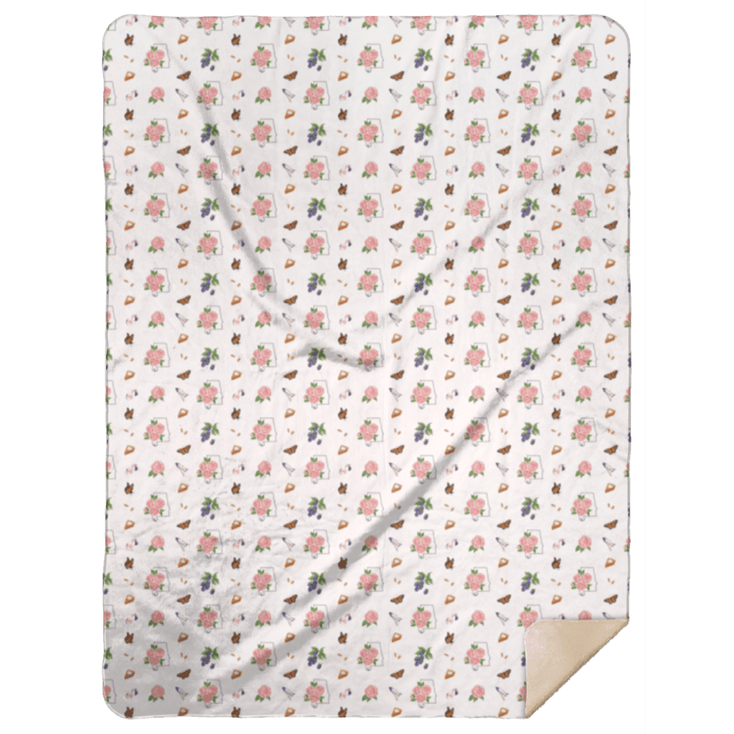 Alabama-themed floral plush throw blanket with vibrant red, yellow, and blue flowers on a white background.