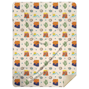 Arizona-themed plush throw blanket with a colorful desert landscape, cacti, and mountains, measuring 60x80 inches.