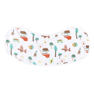 Baby bib and burp cloth set with California-themed designs, featuring landmarks and icons in pastel colors.