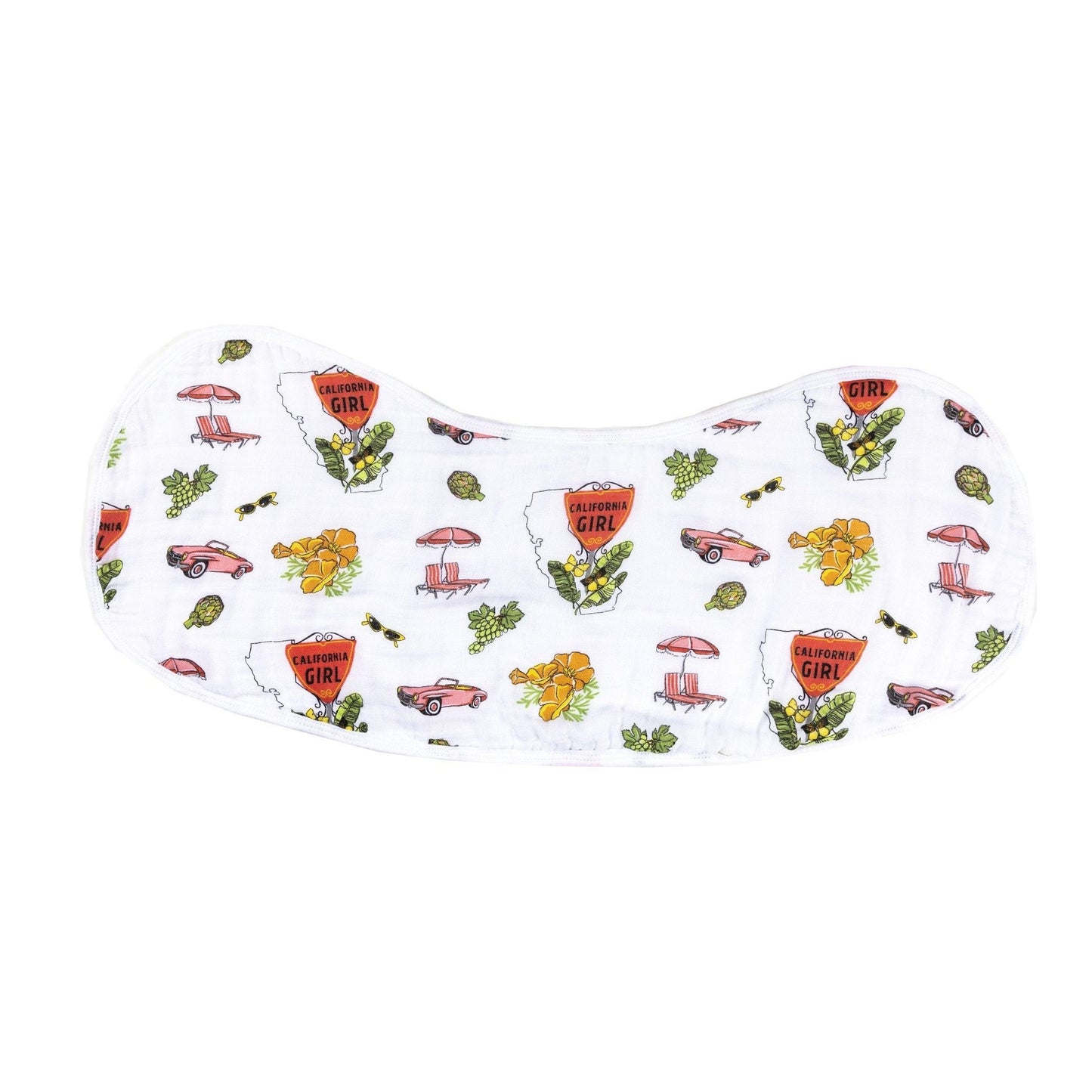 Baby bib and burp cloth set with "California Girl" text, featuring pink and white floral patterns.
