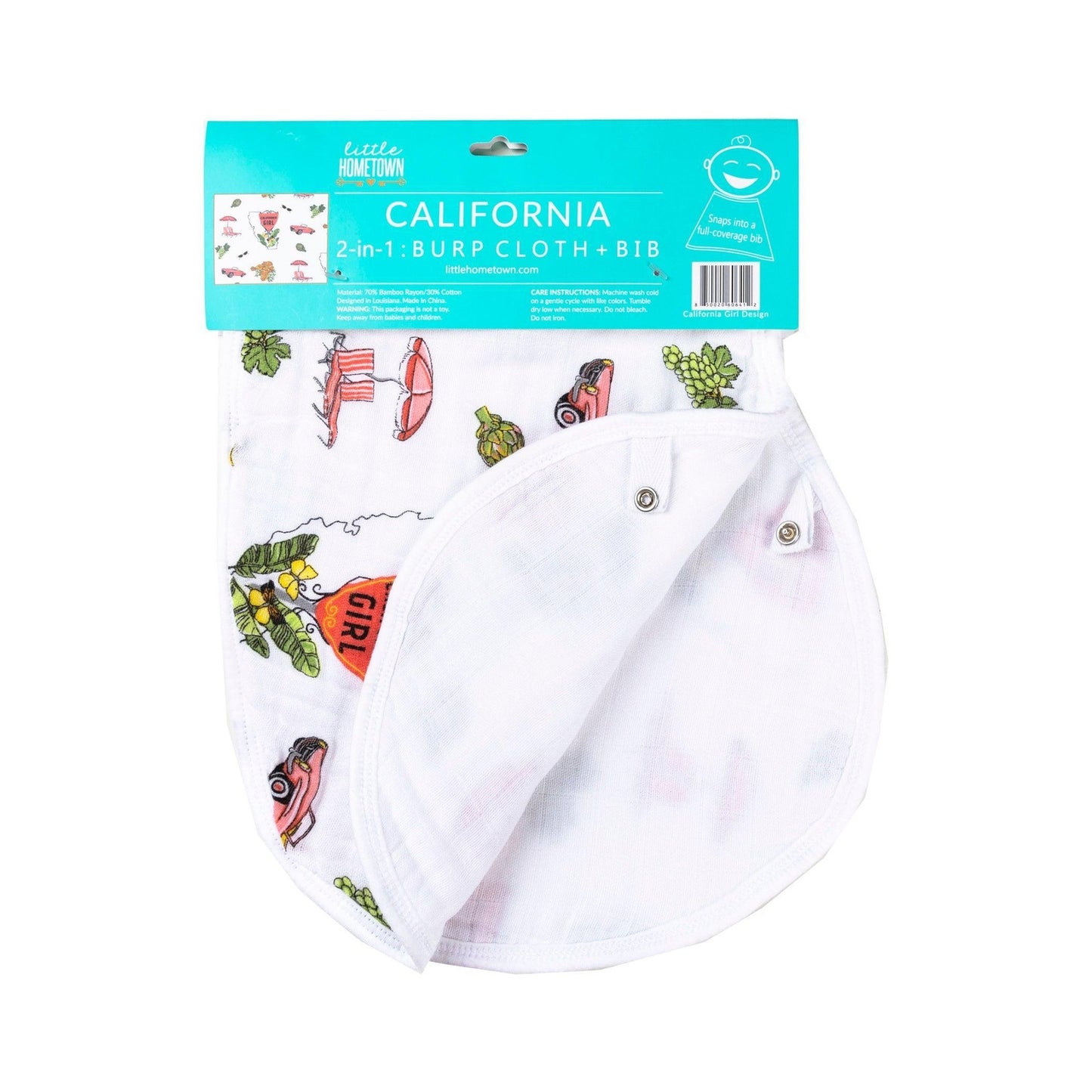 Baby bib and burp cloth set with "California Girl" text, featuring pink and white floral patterns on soft fabric.