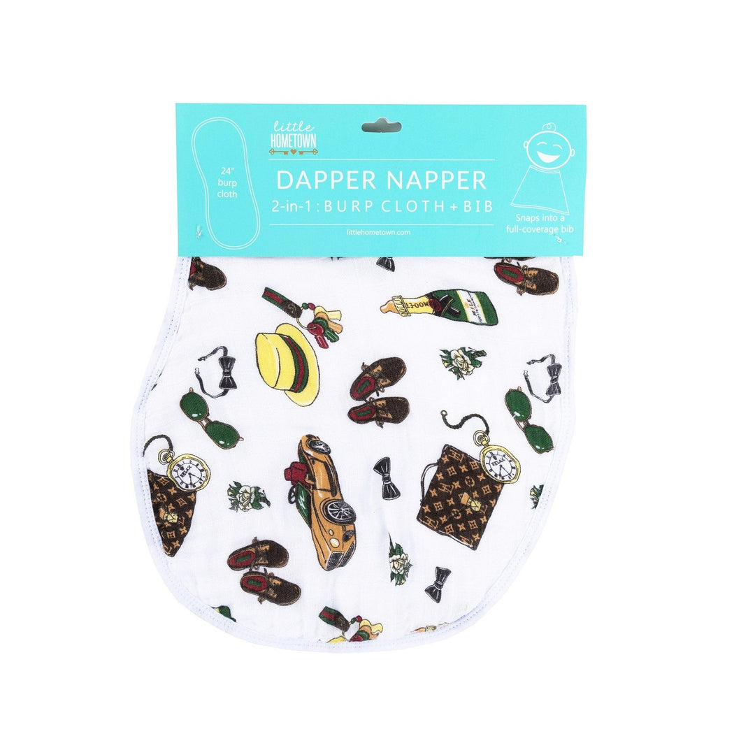 Baby bib and burp cloth set with a dapper napper design, featuring bow ties and mustaches on a white background.