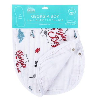 Baby bib and burp cloth set with "Georgia Boy" text, featuring a peach and state outline on a white background.