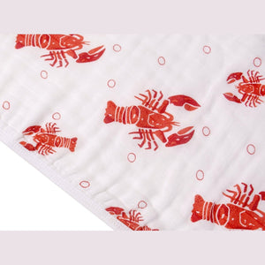 Baby bib and burp cloth set with red crawfish and lobster print, labeled "Little Hometown."