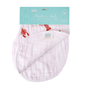 Baby bib and burp cloth set with red crawfish and lobster print, labeled "Heads Tails" on a white background.