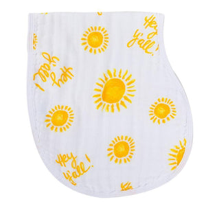 White baby bib and burp cloth set with "Hey Y'all" text in blue, featuring a cute blue and white gingham pattern.