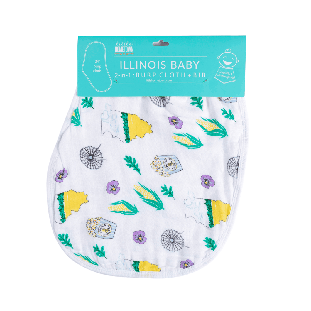 White baby bib and burp cloth set featuring a colorful Illinois state map with landmarks and 