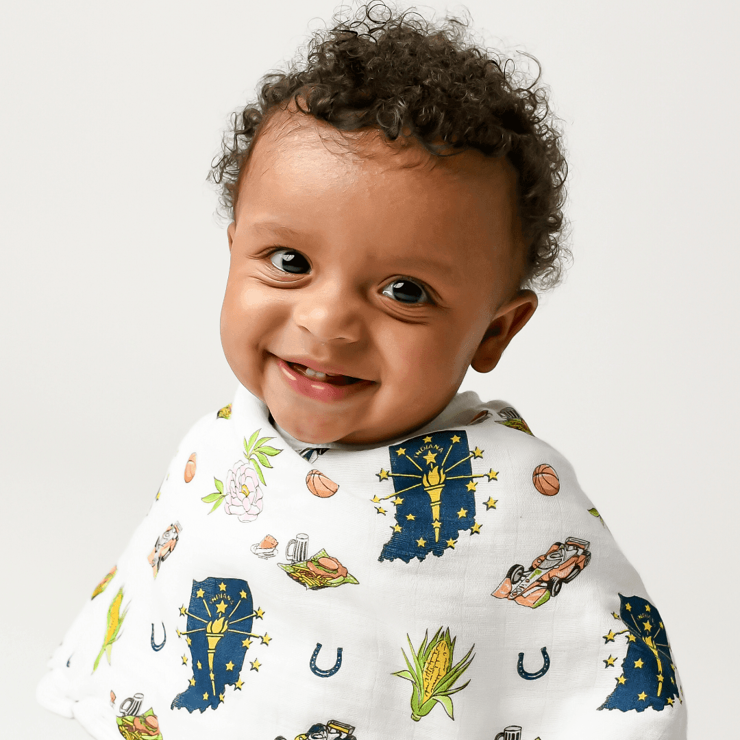 Indiana-themed baby bib and burp cloth set featuring state icons and landmarks in a playful, colorful design.