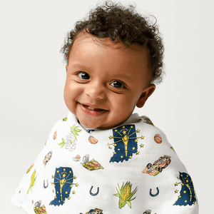 Indiana-themed baby bib and burp cloth set featuring state icons and landmarks in a playful, colorful design.