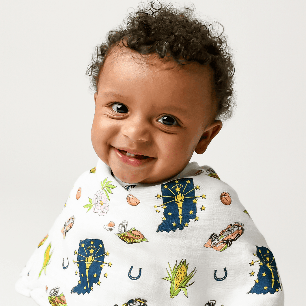 Indiana-themed baby bib and burp cloth set featuring state icons and landmarks in a playful, colorful design.