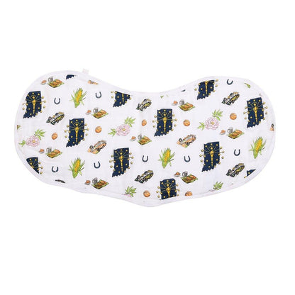 Baby bib and burp cloth set featuring Indiana state outline and "Little Hometown" text in soft pastel colors.