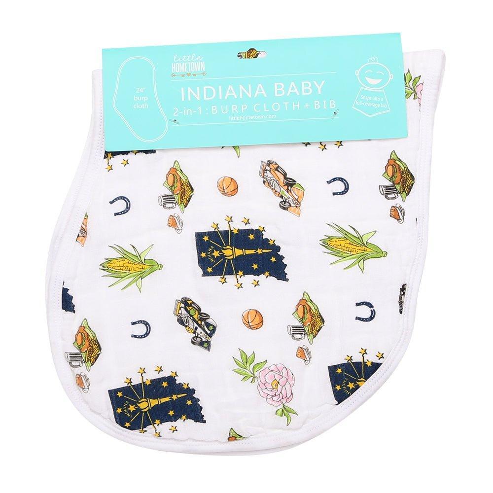 Baby bib and burp cloth set with Indiana state map design, featuring landmarks and a soft, pastel color palette.