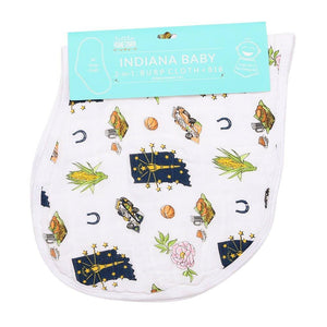 Baby bib and burp cloth set with Indiana state map design, featuring landmarks and a soft, pastel color palette.