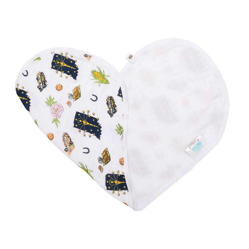 Baby bib and burp cloth set featuring Indiana state map with landmarks, in soft pastel colors on white fabric.