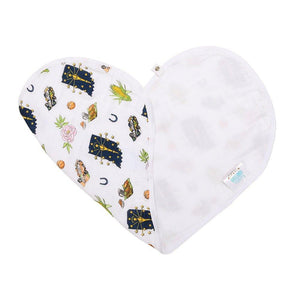 Baby bib and burp cloth set featuring Indiana state map with landmarks, in soft pastel colors on white fabric.