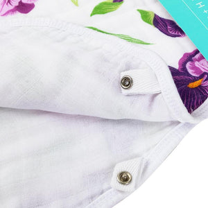 Baby bib and burp cloth set with iris flower pattern, featuring soft pastel colors and delicate floral design.