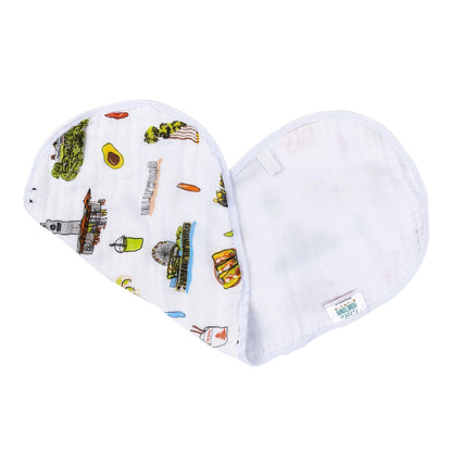 Baby bib and burp cloth set with "Los Angeles Baby" text, featuring colorful city icons on a white background.